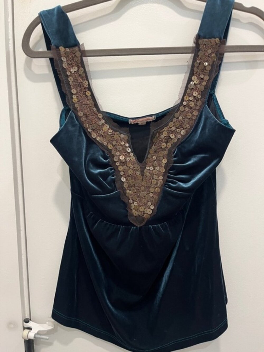 Teal Velvet Tank with Sequined V-Neck
